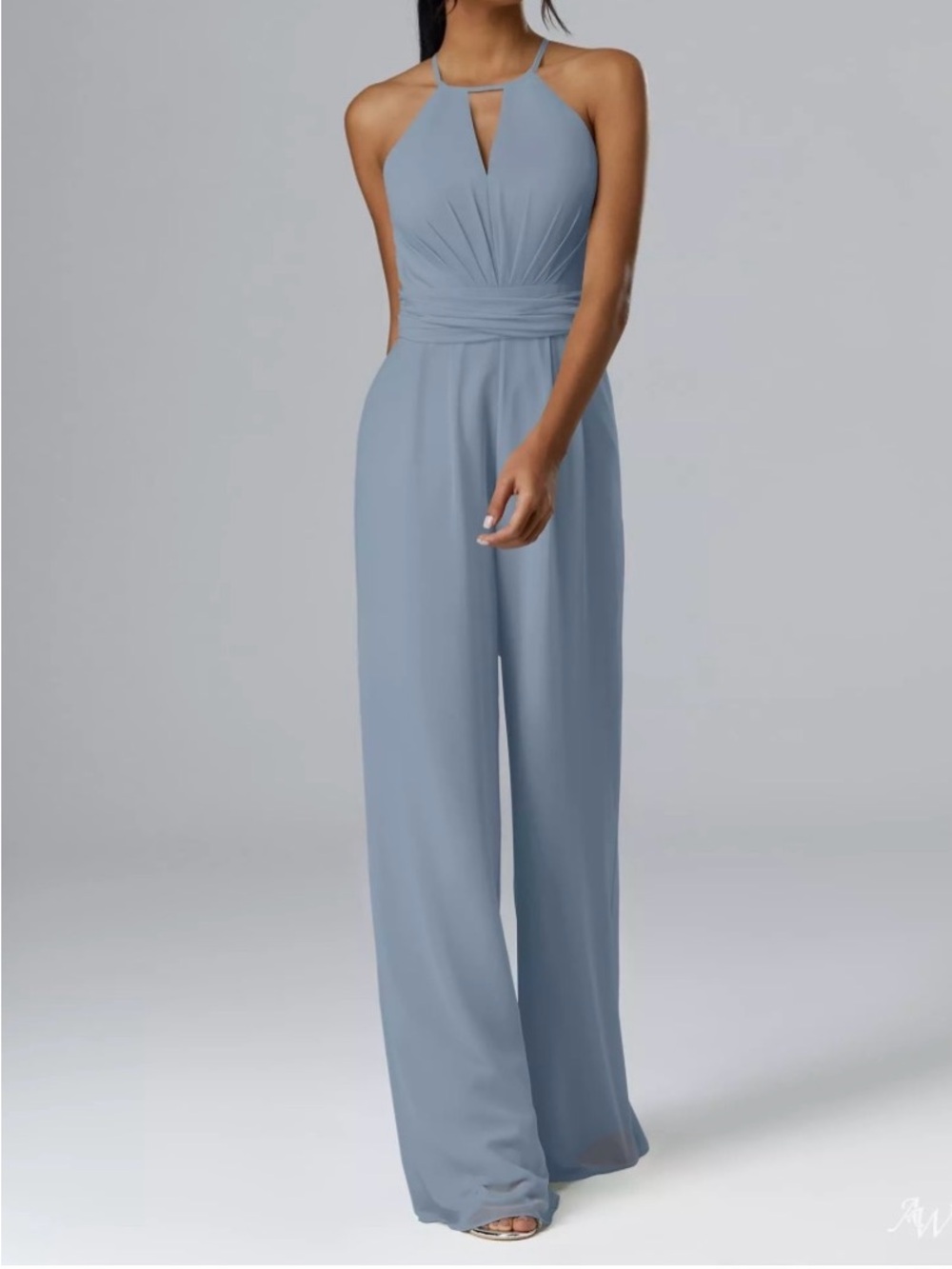 AW Bridal Light Dusty Blue Halter Wide Leg Jumpsuit Tie Waist US 8